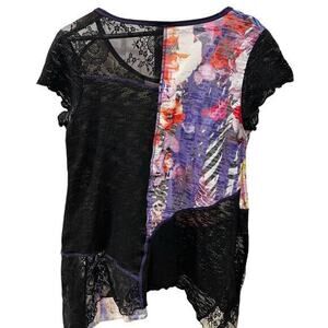 180 VTG lace patchwork little short sleeve whimsy goth asymmetrical blouse sz XL